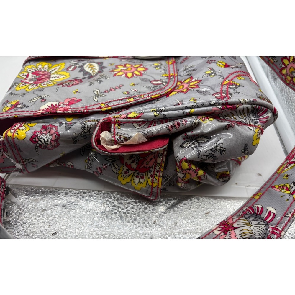 Kalencom Laminated Buckle Diaper Bag Gray Pink Yellow Floral Messenger NWT FLAW